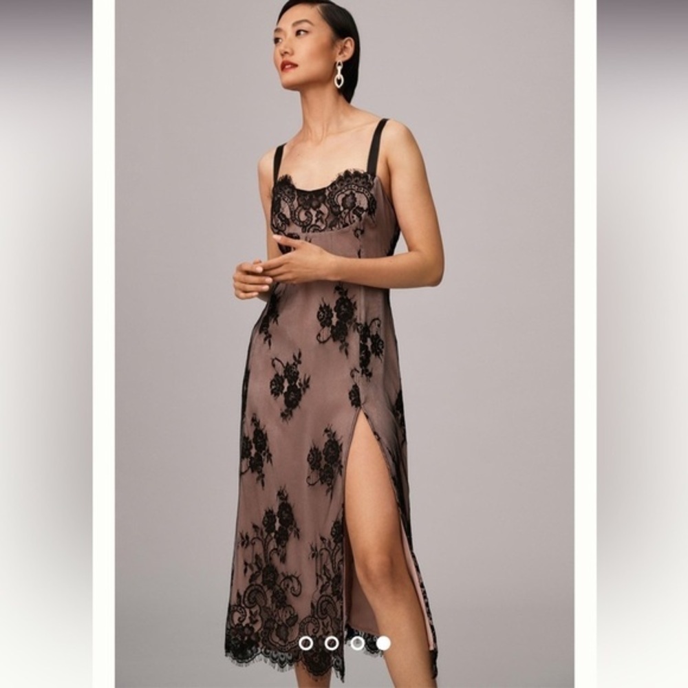 Anthropologie Mauve Nude Black Lace Overlay Side Slit Slip Dress - Picture 7 of 14